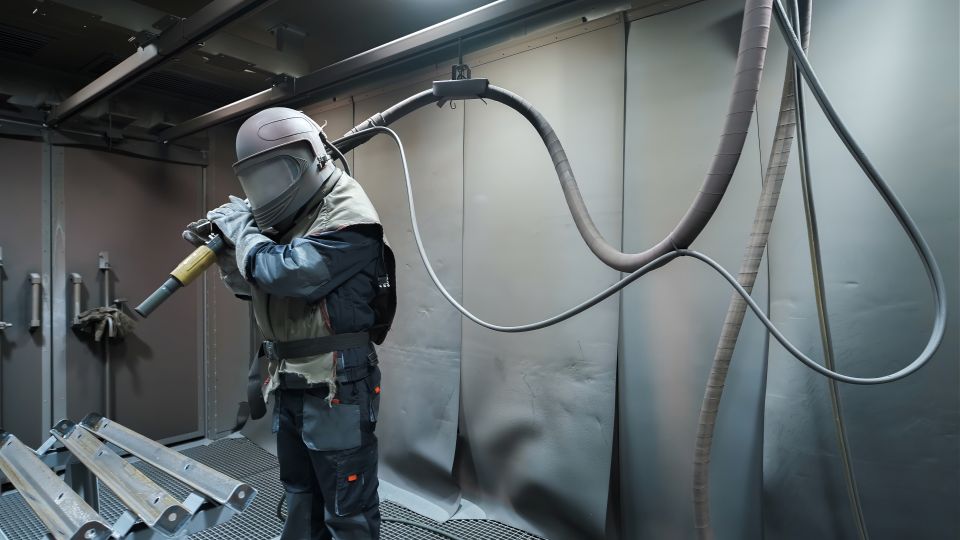 Parts being media blasted for powder coating
